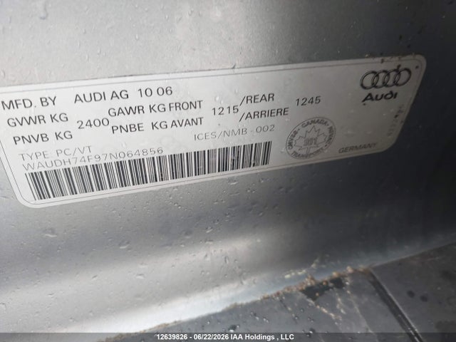Auction sale of the 2007 Audi A6 3.2, vin: WAUDH74F97N064856, lot number: 12639826