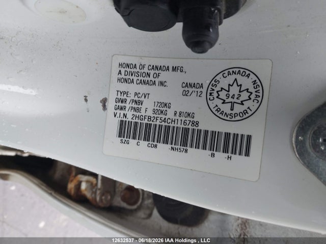 2012 Honda Civic Ex მანქანა იყიდება აუქციონზე, vin: 2HGFB2F54CH116788, აუქციონის ნომერი: 12632537