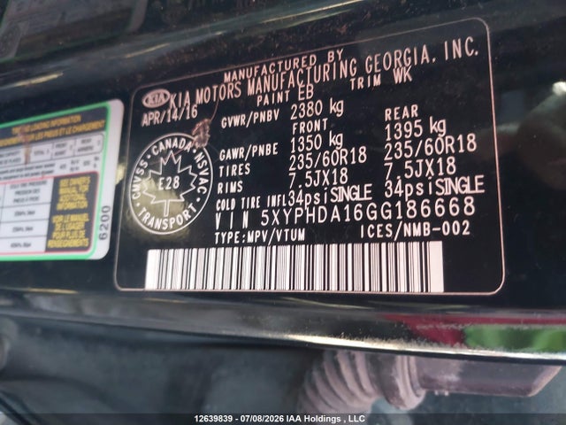 12639839 :رقم المزاد ، 5XYPHDA16GG186668 vin ، 2016 Kia Sorento 2.0l Ex/2.0l Lx+ مزاد بيع