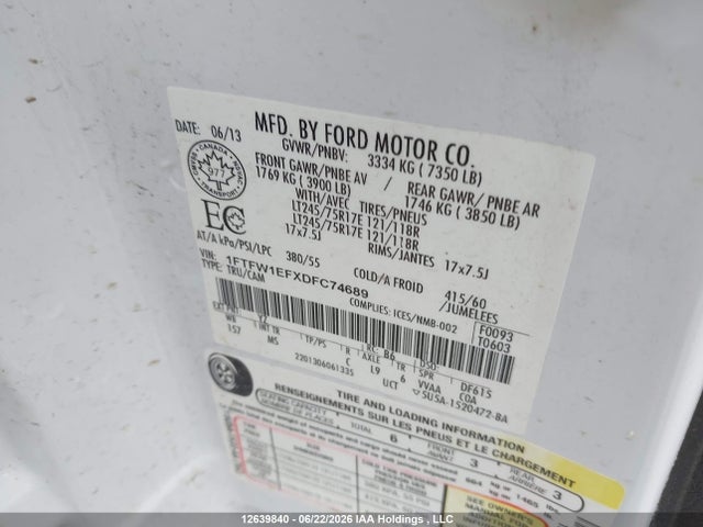 Продажа на аукционе авто 2013 Ford F-150 Fx4/king Ranch/lariat/platinum/xlt, vin: 1FTFW1EFXDFC74689, номер лота: 12639840