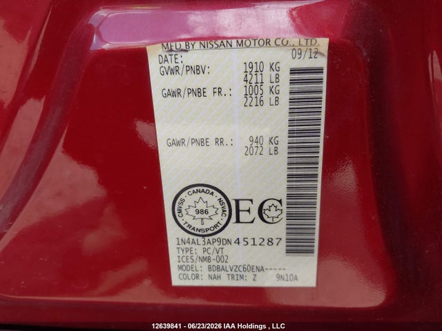 2013 Nissan Altima 2.5/s/sv/sl მანქანა იყიდება აუქციონზე, vin: 1N4AL3AP9DN451287, აუქციონის ნომერი: 12639841