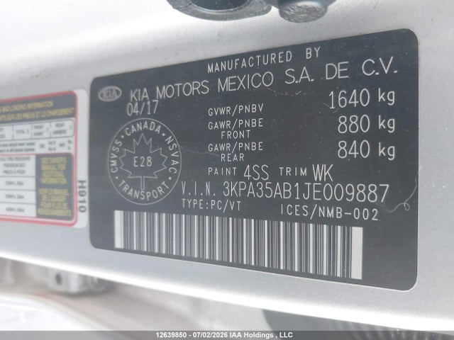 2018 Kia Rio Ex/ex Sport/ex Tech Navi მანქანა იყიდება აუქციონზე, vin: 3KPA35AB1JE009887, აუქციონის ნომერი: 12639850