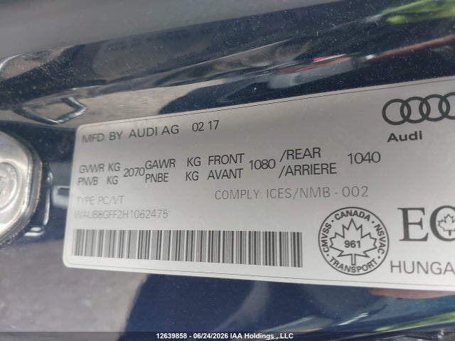 Aukcja sprzedaży 2017 Audi A3 2.0t Komfort, vin: WAUB8GFF2H1062475, numer aukcji: 12639858