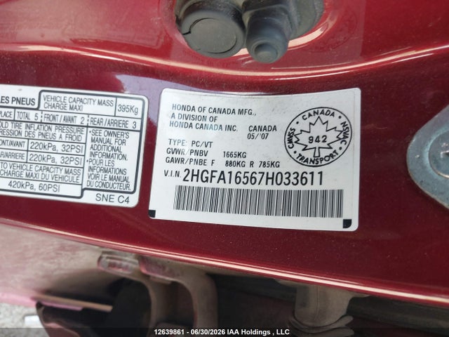 Продажа на аукционе авто 2007 Honda Civic Lx, vin: 2HGFA16567H033611, номер лота: 12639861