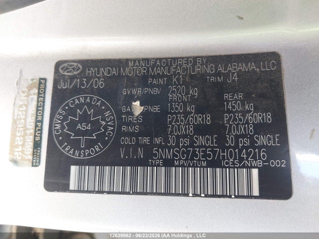 Aukcja sprzedaży 2007 Hyundai Santa Fe Gl, vin: 5NMSG73E57H014216, numer aukcji: 12639862