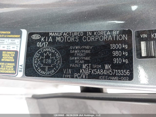 12639865 :رقم المزاد ، KNAFX5A84H5713356 vin ، 2017 Kia Forte 2.0l Ex/2.0l Ex Luxury مزاد بيع