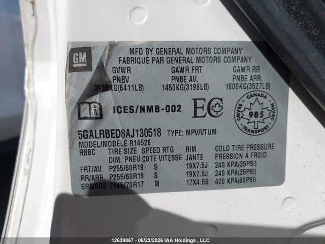 Продажа на аукционе авто 2010 Buick Enclave Cxl, vin: 5GALRBED8AJ130518, номер лота: 12639867