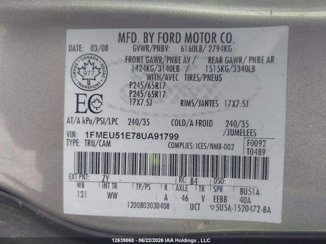 2008 Ford Explorer Sport Trac Xlt მანქანა იყიდება აუქციონზე, vin: 1FMEU51E78UA91799, აუქციონის ნომერი: 12639868