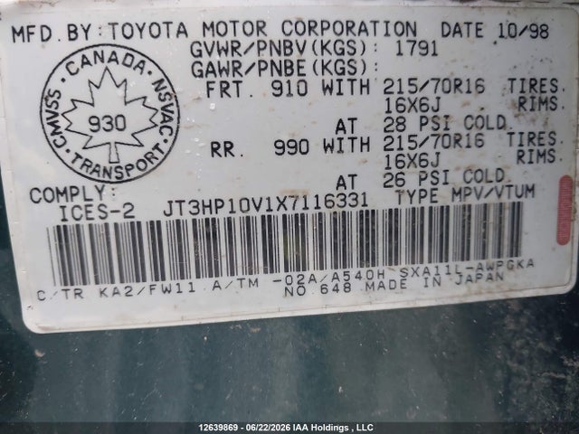 Продаж на аукціоні авто 1999 Toyota Rav4, vin: JT3HP10V1X7116331, номер лоту: 12639869
