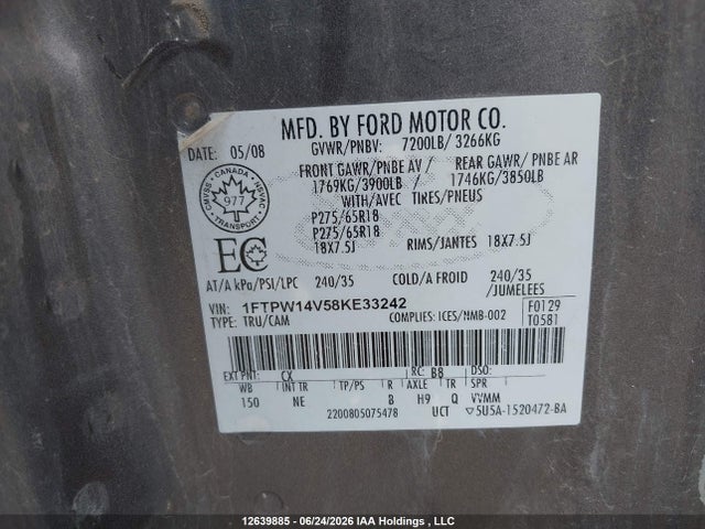 Aukcja sprzedaży 2008 Ford F-150 Fx4/king Ranch/lariat/xlt, vin: 1FTPW14V58KE33242, numer aukcji: 12639885
