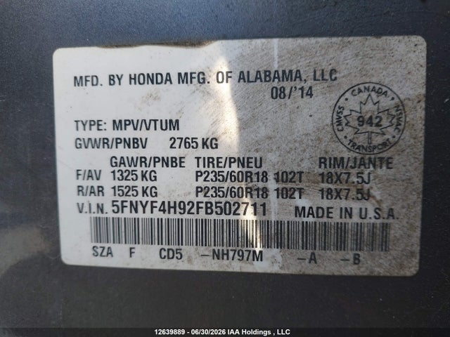 Honda Pilot Touring 2015 5FNYF4H92FB502711 Image 9