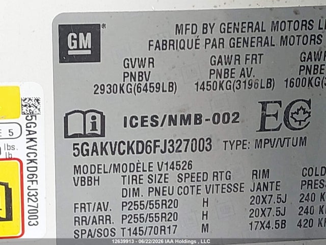 Buick Enclave 2015 5GAKVCKD6FJ327003 Image 9