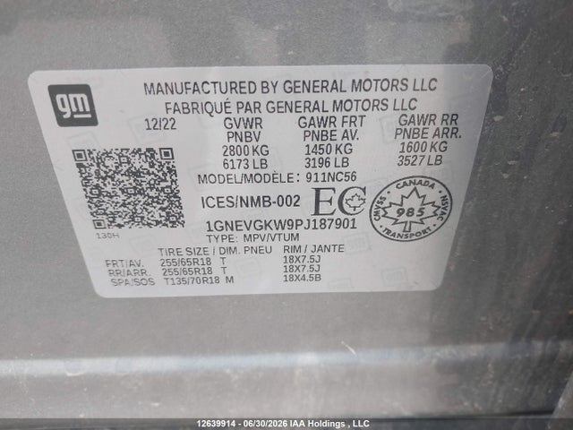 1GNEVGKW9PJ187901 Chevrolet Traverse Lt Cloth