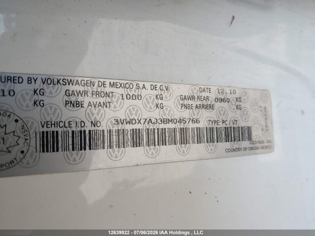 Продаж на аукціоні авто 2011 Volkswagen Jetta 2.5l Comfortline/2.5l Sportline, vin: 3VWDX7AJ3BM045766, номер лоту: 12639922