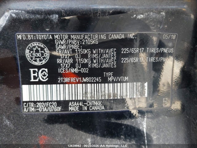 12639942 :رقم المزاد ، 2T3RFREV1JW802245 vin ، 2018 Toyota Rav4 Adventure/xle مزاد بيع