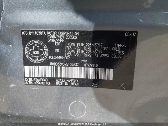 12639945 :رقم المزاد ، JTMBD33V575109637 vin ، 2007 Toyota Rav4 مزاد بيع
