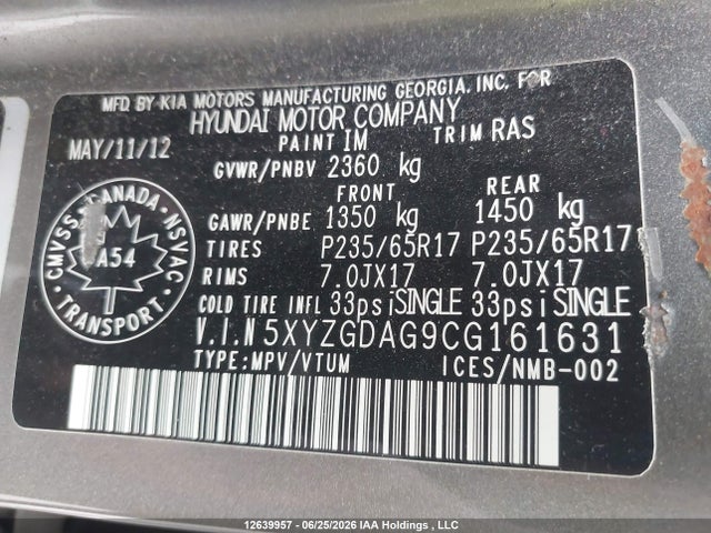 Aukcja sprzedaży 2012 Hyundai Santa Fe Gls, vin: 5XYZGDAG9CG161631, numer aukcji: 12639957