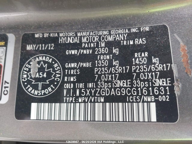 Aukcja sprzedaży 2012 Hyundai Santa Fe Gls, vin: 5XYZGDAG9CG161631, numer aukcji: 12639957