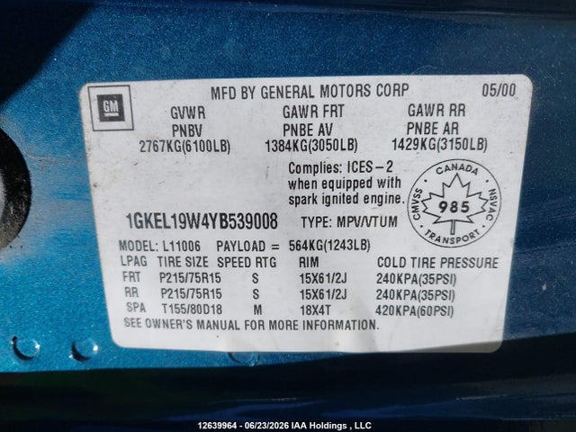 Aukcja sprzedaży 2000 Gmc Safari Sl/sle/slt, vin: 1GKEL19W4YB539008, numer aukcji: 12639964