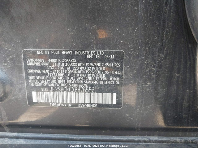 Продаж на аукціоні авто 2011 Subaru Forester, vin: JF2SHCECXBH765521, номер лоту: 12639965