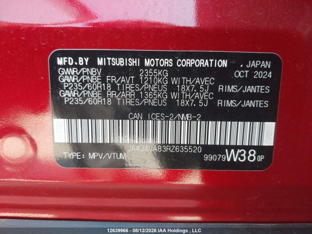 Продаж на аукціоні авто 2024 Mitsubishi Outlander Le/se/sel, vin: JA4J4VA83RZ635520, номер лоту: 12639966