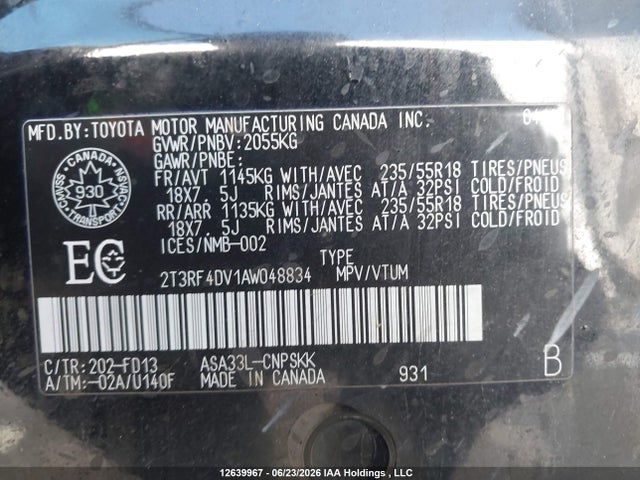 12639967 :رقم المزاد ، 2T3RF4DV1AW048834 vin ، 2010 Toyota Rav4 Sport مزاد بيع