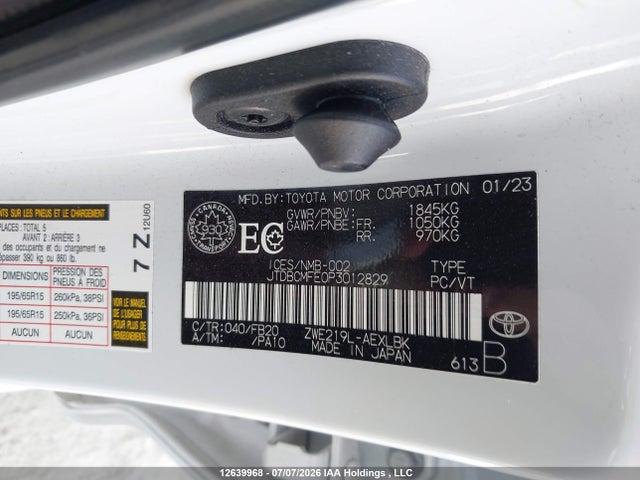 12639968 :رقم المزاد ، JTDBCMFE0P3012829 vin ، 2023 Toyota Corolla Le/se/xle مزاد بيع