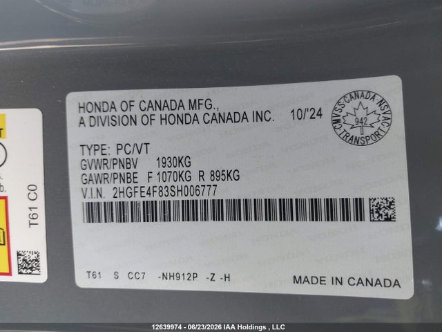 Продажа на аукционе авто 2025 Honda Civic Sport/sport Touring, vin: 2HGFE4F83SH006777, номер лота: 12639974