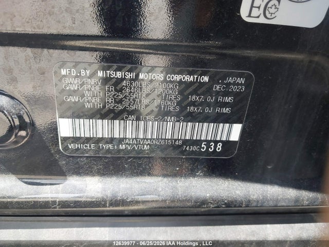 12639977 :رقم المزاد ، JA4ATVAA0RZ615148 vin ، 2024 Mitsubishi Eclipse مزاد بيع