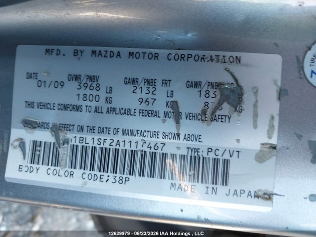 2010 Mazda 3 I მანქანა იყიდება აუქციონზე, vin: JM1BL1SF2A1117467, აუქციონის ნომერი: 12639979