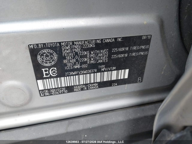 Продаж на аукціоні авто 2019 Toyota Rav4 Hybrid Xle, vin: 2T3RWRFV2KW036378, номер лоту: 12639983