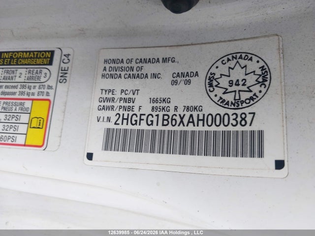 Продаж на аукціоні авто 2010 Honda Civic Lx Sr, vin: 2HGFG1B6XAH000387, номер лоту: 12639985