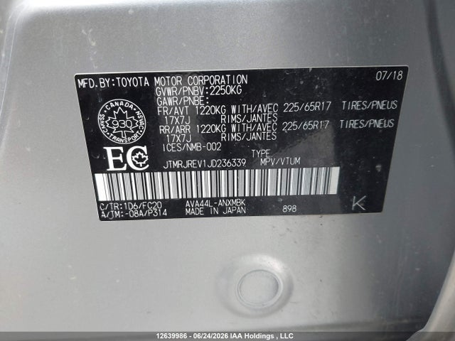 2018 Toyota Rav4 Hybrid Le+ მანქანა იყიდება აუქციონზე, vin: JTMRJREV1JD236339, აუქციონის ნომერი: 12639986