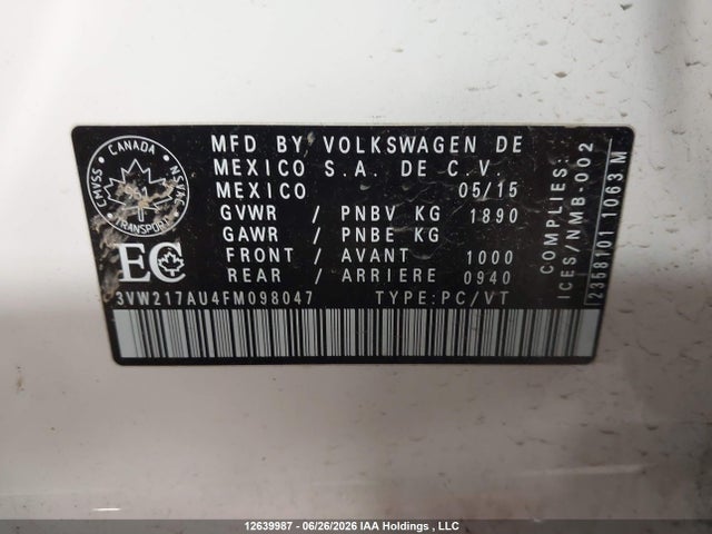 12639987 :رقم المزاد ، 3VW217AU4FM098047 vin ، 2015 Volkswagen Golf 1.8 Tsi Comfortline/1.8 Tsi Highline/1.8 Tsi Trendline مزاد بيع