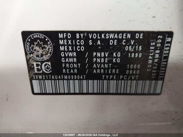 12639987 :رقم المزاد ، 3VW217AU4FM098047 vin ، 2015 Volkswagen Golf 1.8 Tsi Comfortline/1.8 Tsi Highline/1.8 Tsi Trendline مزاد بيع