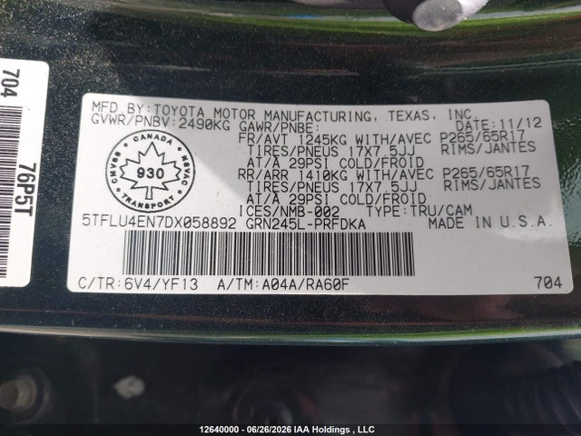 12640000 :رقم المزاد ، 5TFLU4EN7DX058892 vin ، 2013 Toyota Tacoma Double Cab مزاد بيع