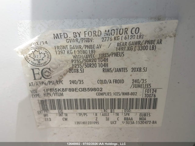 12640002 :رقم المزاد ، 1FM5K8F89EGB59802 vin ، 2014 Ford Explorer مزاد بيع