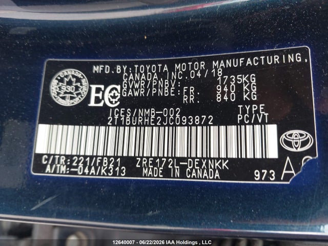 Toyota COROLLA LE 2018 2T1BURHE2JC093872 Image 9