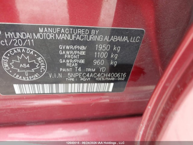 12640015 :رقم المزاد ، 5NPEC4AC4CH400616 vin ، 2012 Hyundai Sonata مزاد بيع