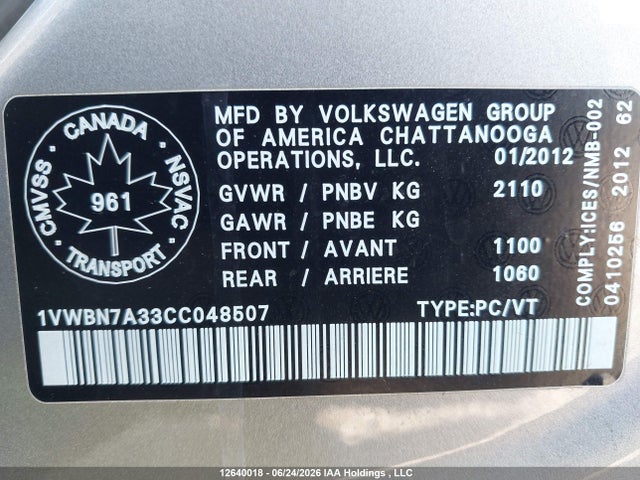 2012 Volkswagen Passat მანქანა იყიდება აუქციონზე, vin: 1VWBN7A33CC048507, აუქციონის ნომერი: 12640018