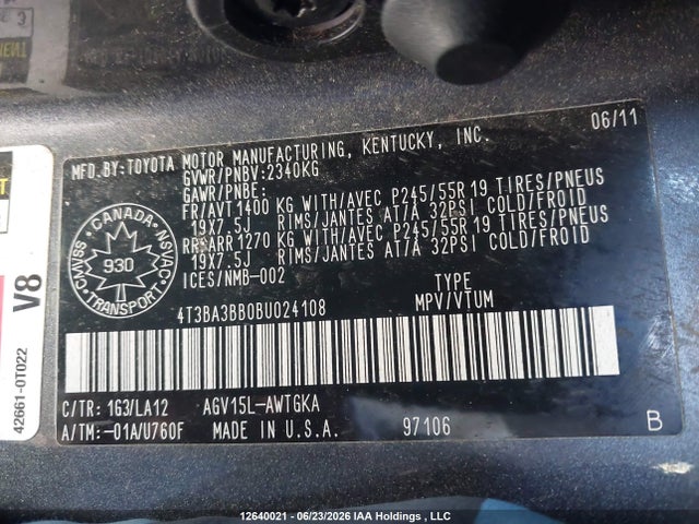 2011 Toyota Venza მანქანა იყიდება აუქციონზე, vin: 4T3BA3BB0BU024108, აუქციონის ნომერი: 12640021
