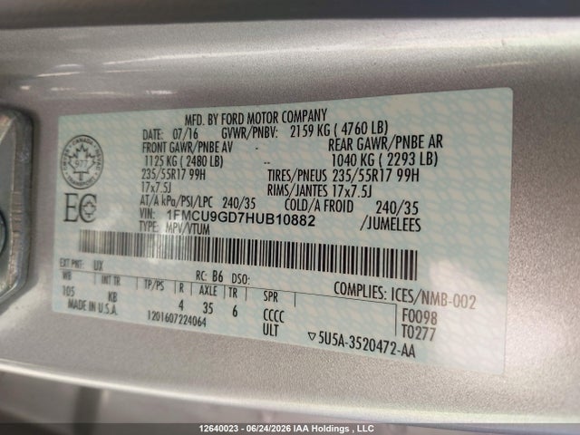 12640023 :رقم المزاد ، 1FMCU9GD7HUB10882 vin ، 2017 Ford Escape Se مزاد بيع
