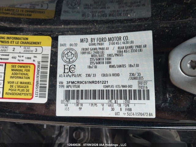 12640026 :رقم المزاد ، 3FMCR9C61NRD51221 vin ، 2022 Ford Bronco Sport Outer Banks مزاد بيع