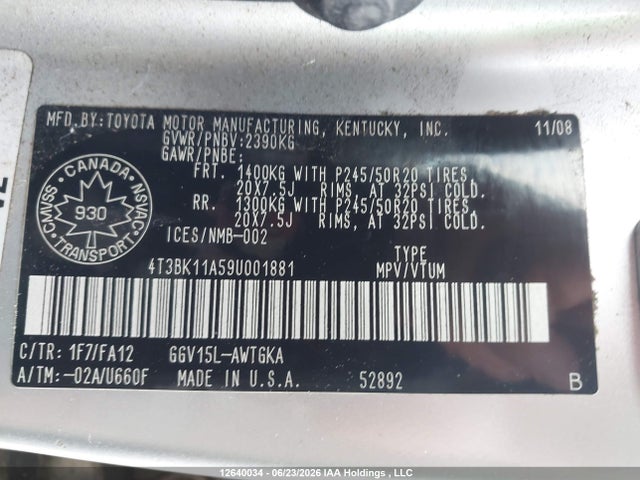 2009 Toyota Venza მანქანა იყიდება აუქციონზე, vin: 4T3BK11A59U001881, აუქციონის ნომერი: 12640034