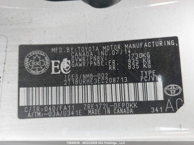 2014 Toyota Corolla L/le/le Pls/prm/s/s Pls მანქანა იყიდება აუქციონზე, vin: 2T1BURHE3EC208713, აუქციონის ნომერი: 12640038