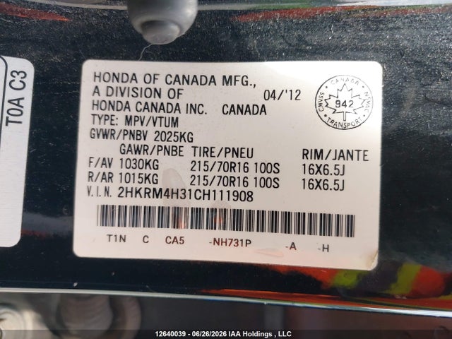 Продаж на аукціоні авто 2012 Honda Cr-v Lx, vin: 2HKRM4H31CH111908, номер лоту: 12640039