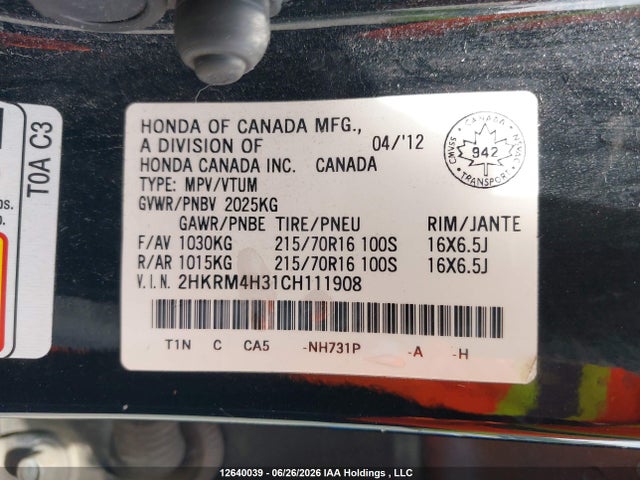 Продаж на аукціоні авто 2012 Honda Cr-v Lx, vin: 2HKRM4H31CH111908, номер лоту: 12640039