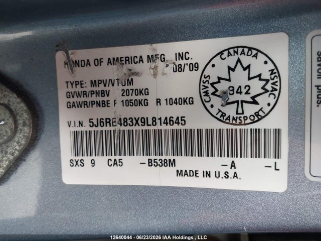 12640044 :رقم المزاد ، 5J6RE483X9L814645 vin ، 2009 Honda Cr-v Lx مزاد بيع