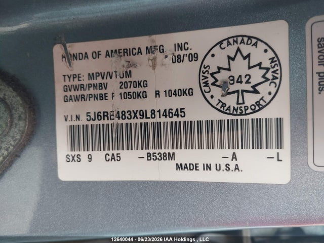 12640044 :رقم المزاد ، 5J6RE483X9L814645 vin ، 2009 Honda Cr-v Lx مزاد بيع