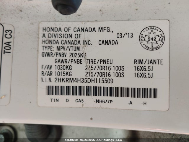 2013 Honda Cr-v Lx მანქანა იყიდება აუქციონზე, vin: 2HKRM4H35DH115509, აუქციონის ნომერი: 12640050